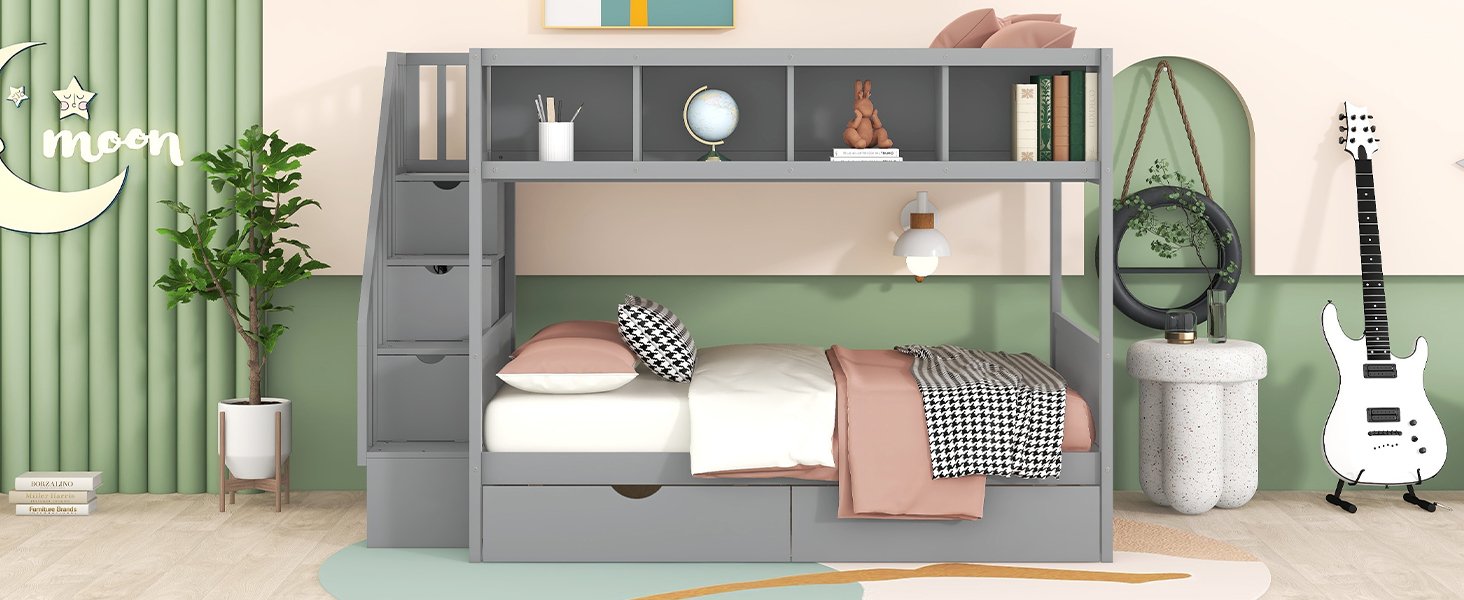 Twin Over Full Bunk Bed With Shelfs, Storage Staircase And 2 Drawers - Gray - Image 16