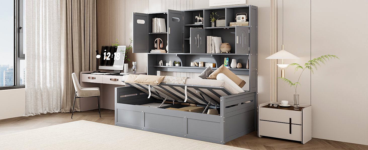 Twin Size Wooden Daybed With Hydraulic Bed And All In One Cabinet And Shelf - Gray - Image 16