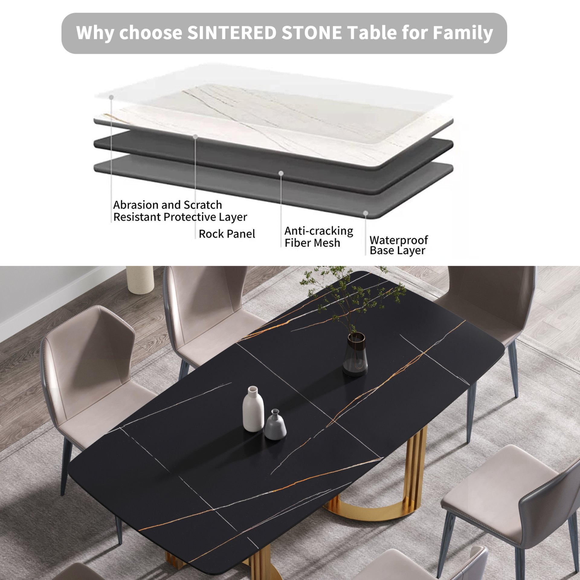 70.87" Modern Artificial Stone Black Curved Metal Leg Dining Table, Can Accommodate 6-8 People - Black / Gold - Image 10