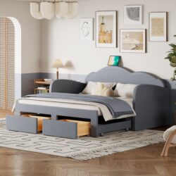 Twin Size Upholstered Daybed With Cloud-Shaped Backrest, Trundle & 2 Drawers And USB Ports - Gray