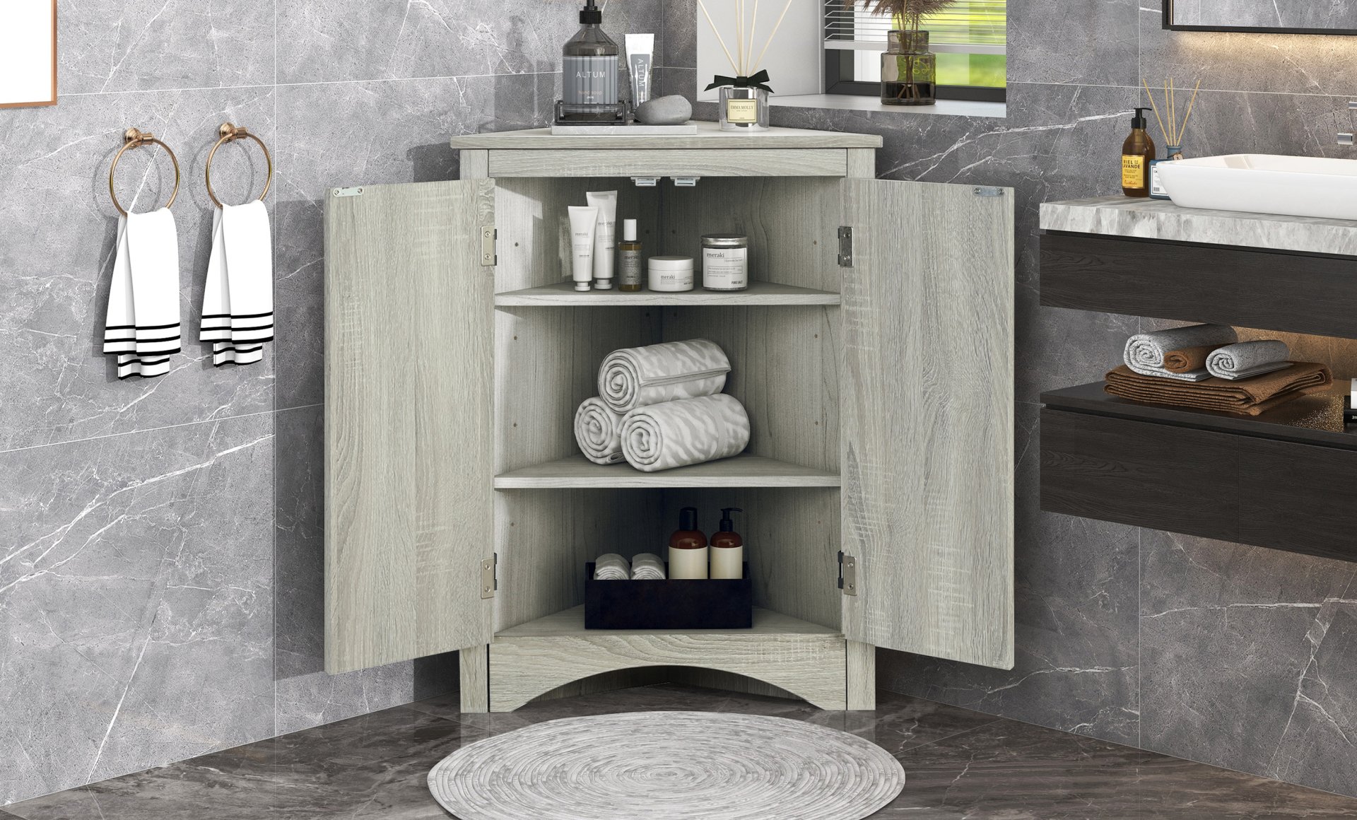 Triangle Bathroom Storage Cabinet With Adjustable Shelves, Freestanding Floor Cabinet For Home Kitchen - Oak - Image 7