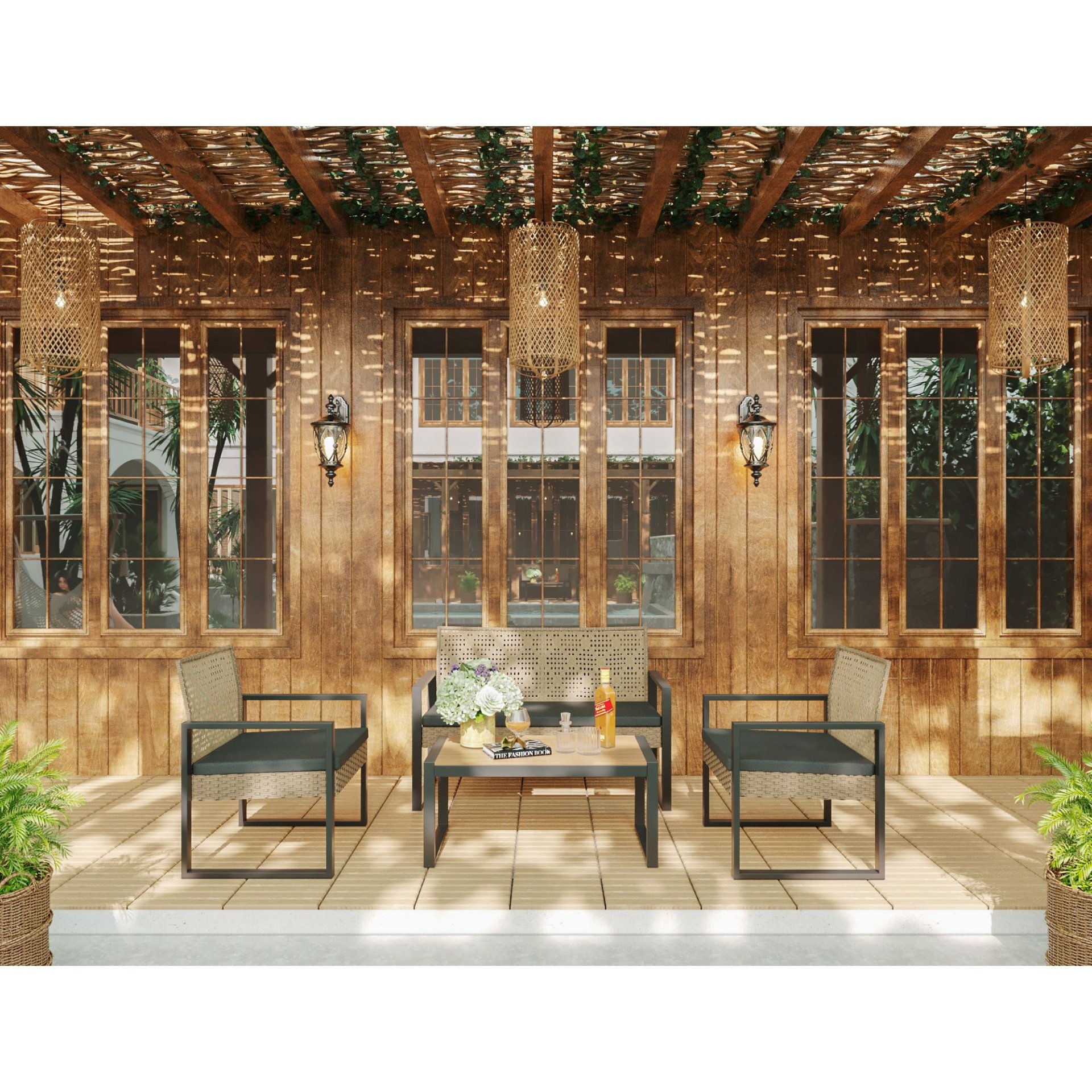 4 Piece Patio Furniture Set Outdoor Balcony Porch Garden Backyard Lawn Furniture Acacia Wood Table Top, Morden - Black And Light Brown - Image 16