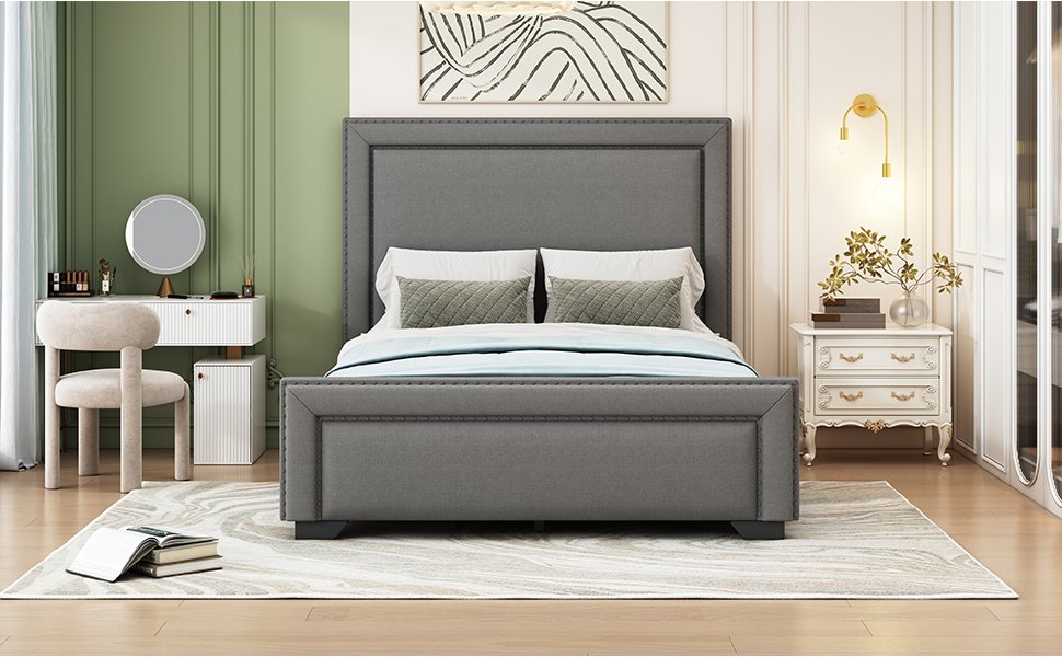 Queen Size Upholstered Bed With Slats Support, No Box Spring Needed - Gray - Image 12