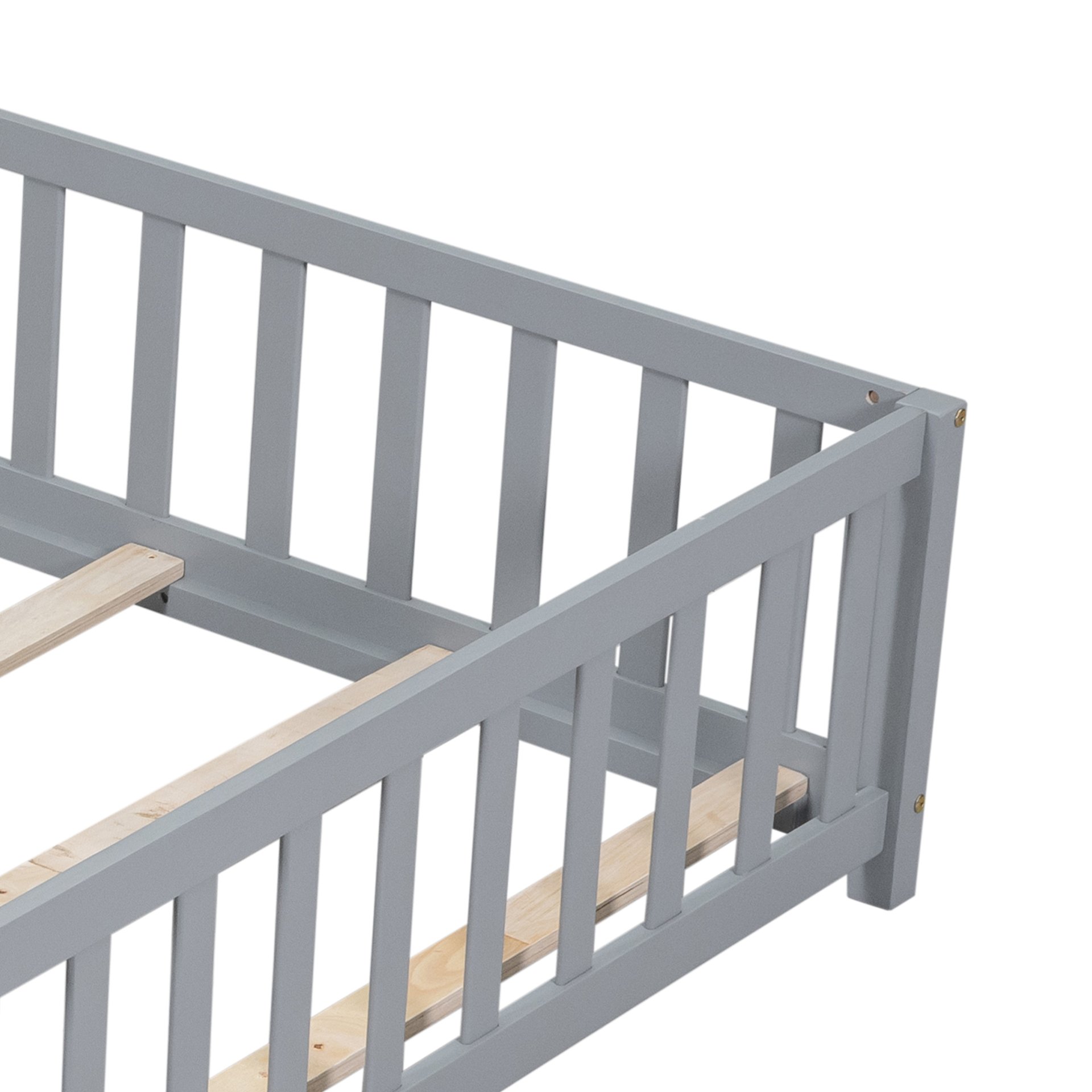 Montessori - Full Size Wooden Floor Platform Bed With Fence And Door, Montessori Floor Bed Frame With Support Slats For Toddlers - Gray - Image 6