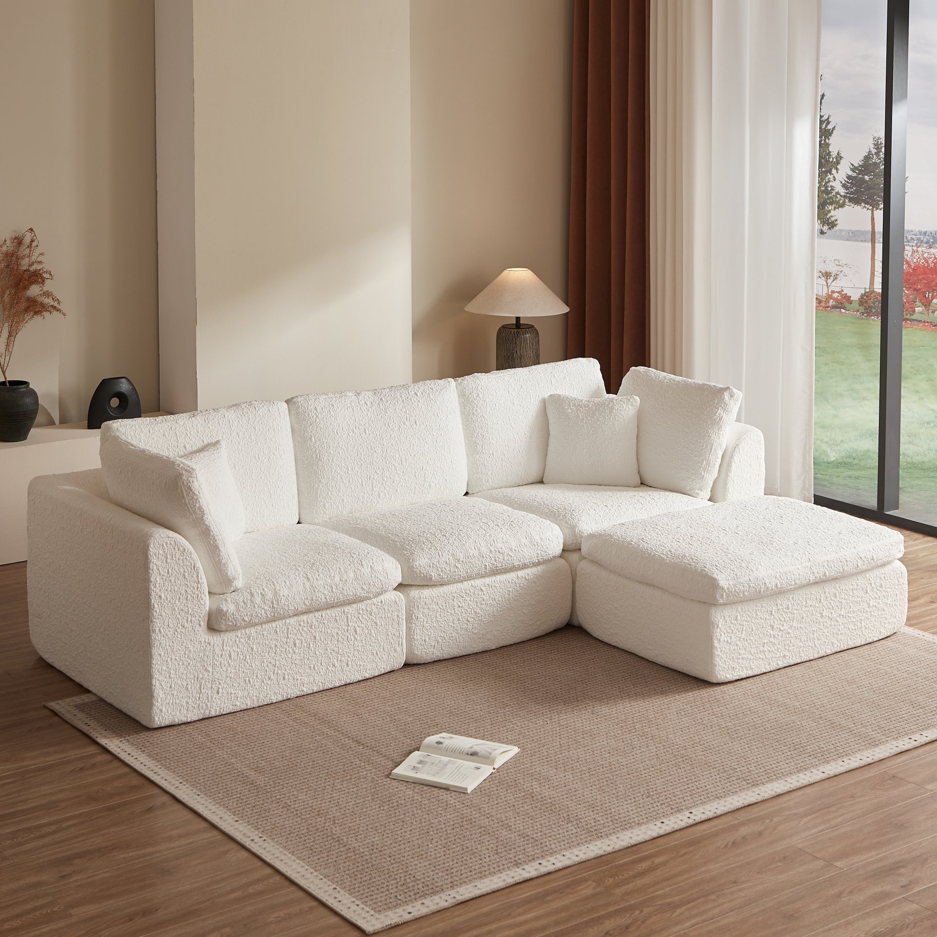 Cloud L Shape Modular Sectional Sofa With Ottoman, 3 Seater Convertible Couch - White - Image 2