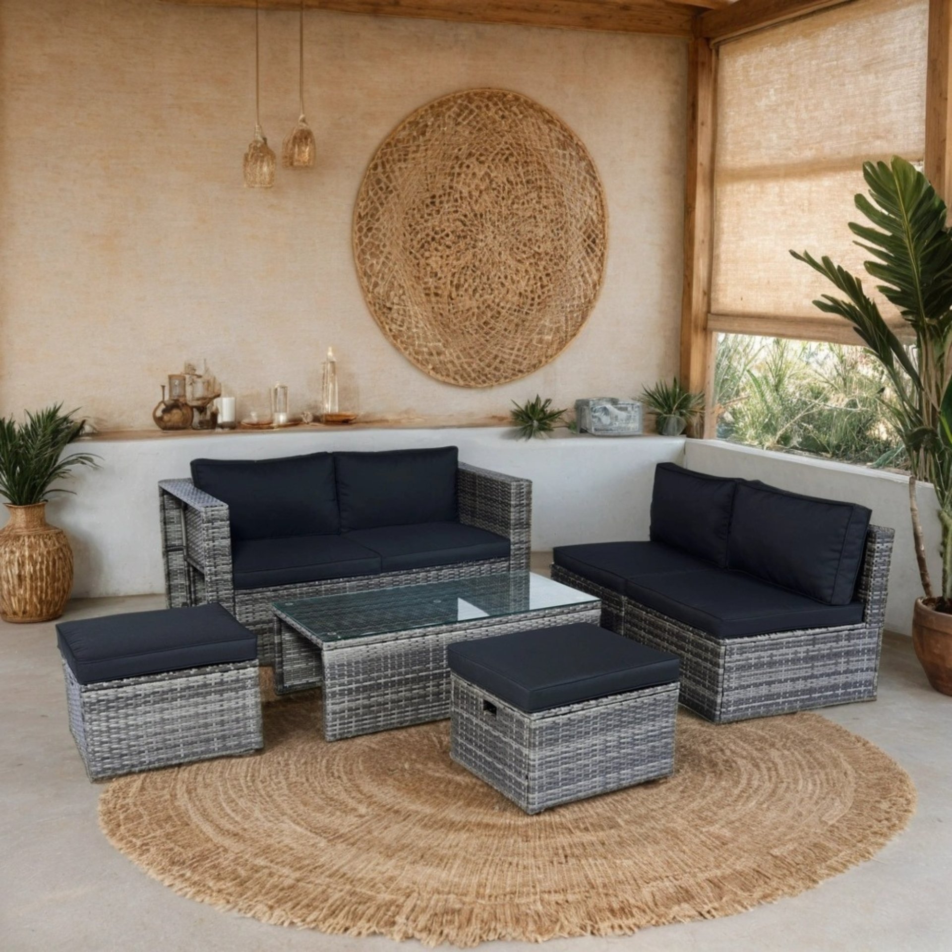 6 Piece Patio Wicker Sectional Set Patio Backyard Conversation Set Space Saving - Gray / Black - Image 7