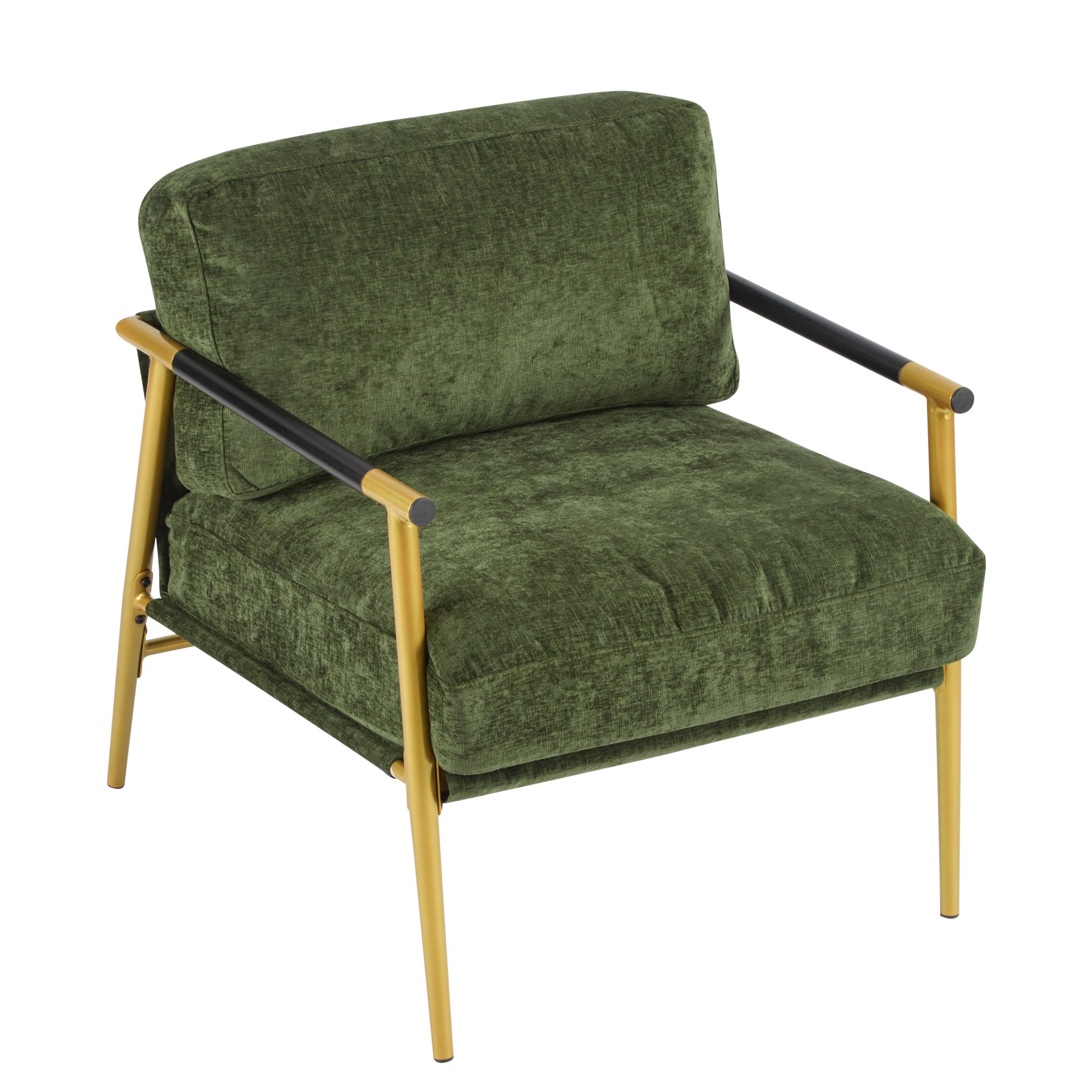 Modern Accent Chair With Plush Cushions, Minimalist Metal Frame, & Wooden Armrest Design - Gold / Green - Image 12