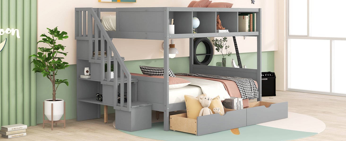 Twin Over Full Bunk Bed With Shelfs, Storage Staircase And 2 Drawers - Gray - Image 15
