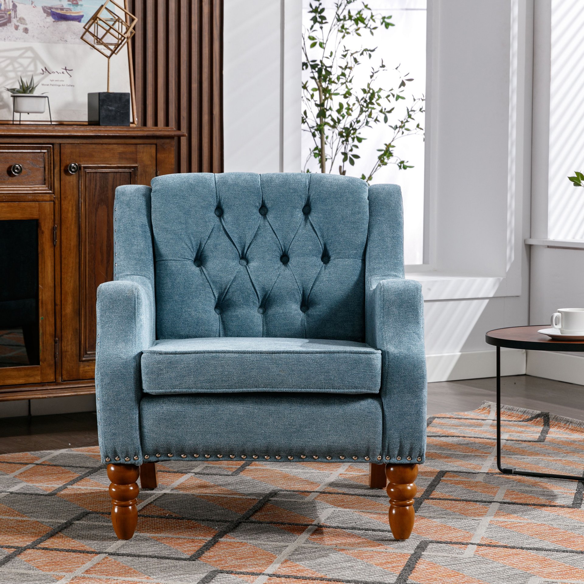 Accent Chair, Living Room Chair, Footrest Chair Set With Vintage Brass Studs, Button Tufted Upholstered Armchair For Living Room, Comfy Reading Chair For Bedroom, Reception Room - Blue - Image 5