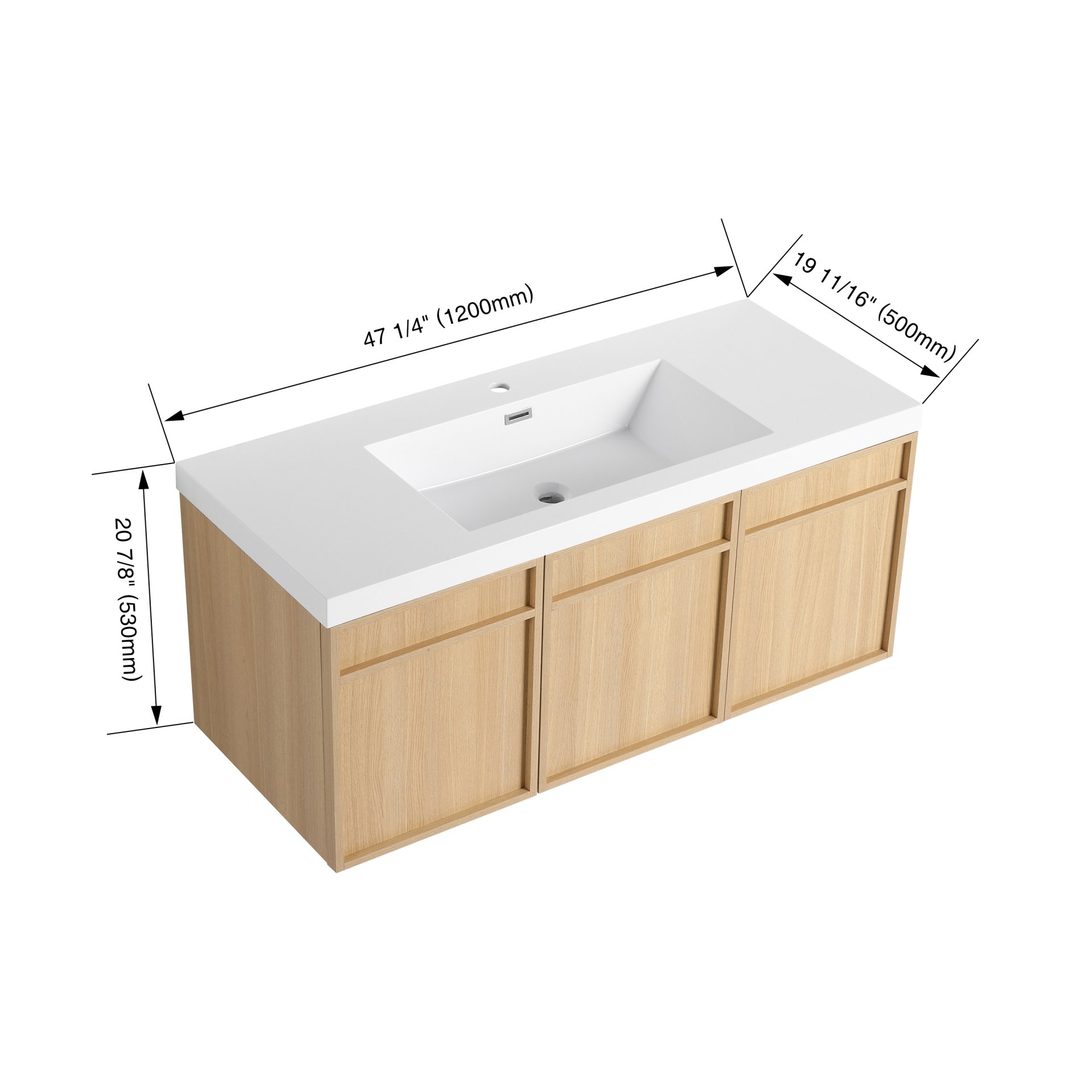 Original Wall Mounted Bathroom Vanity With Resin Sink And 3 Soft Closing Doors Plywood - Oak - Image 3