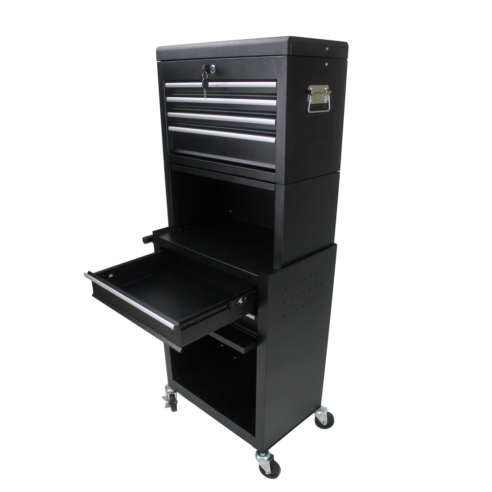6 Drawer Lockable Tool Cabinet On Wheels Steel Rolling Tool Chest With Detachable Toolbox, 2 In 1 Garage Workshop Storage Organizer With 4 Universal Casters - Black - Image 8