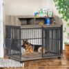44'' Heavy Duty Large Dog Crate Furniture For Large Medium Dog With Lockable Wheels, Wooden Dog Crate Dog Kennel, End Table Crate With Double Layer Storage - Gray - Image 2
