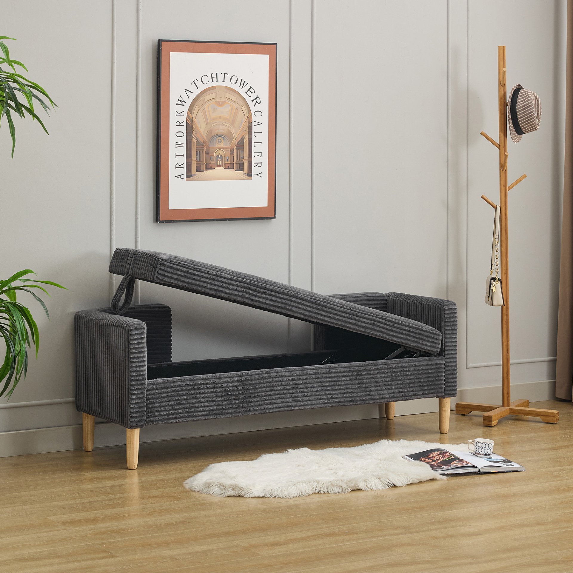Storage Soft Bench With Armrests, Backrest And 2 Bolster Pillows For Living Room, Entryway And Bedroom - Charcoal - Image 6