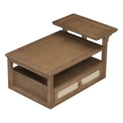 Modern Coffee Table, Coffee Table With 1 Storage Shelf, 2 Tabletops And 1 Rattan Drawer For Living Room - Dark Brown
