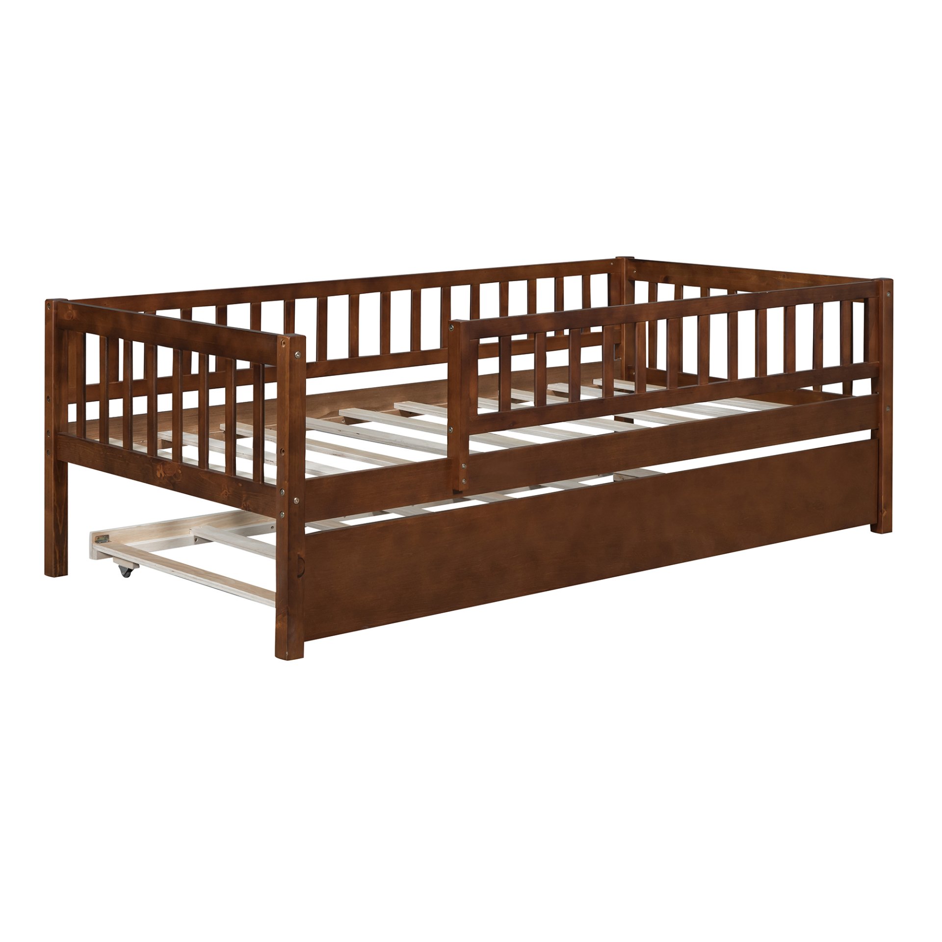 Twin Size Daybed With Trundle And Fence Guardrails - Walnut - Image 4