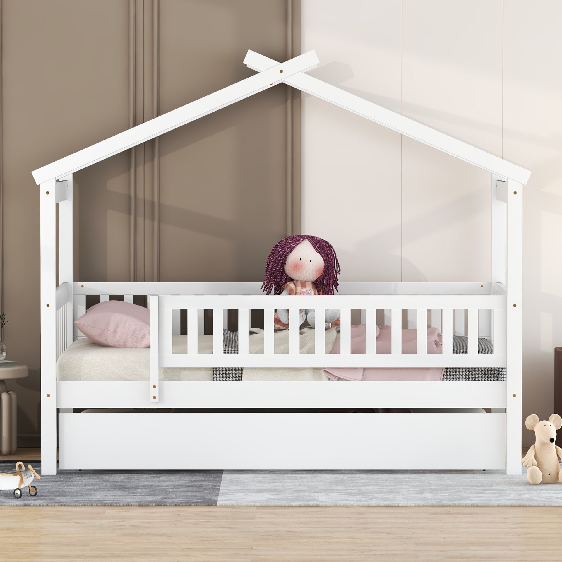 Twin Size House Bed & Twin Size Trundle - White - Image 3