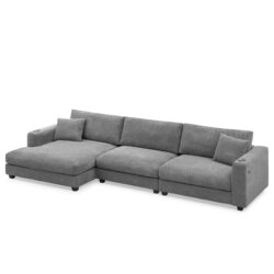 Oversized Corduroy Sectional Sofa, L Shaped Cloud Couch With USB Charging Port, Cup Holder, Deep Seat Sofa Bed With Chaise, Comfy Indoor Furniture - Gray