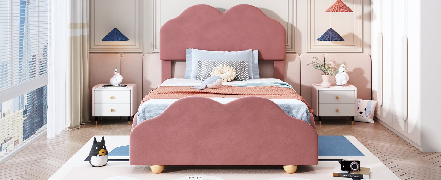 Twin Size Upholstered Platform Bed With Cloud Shaped Board - Dark Pink - Image 12
