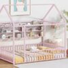 Full Size Bed House Frame With Fence And Shelves - Pink - Image 12