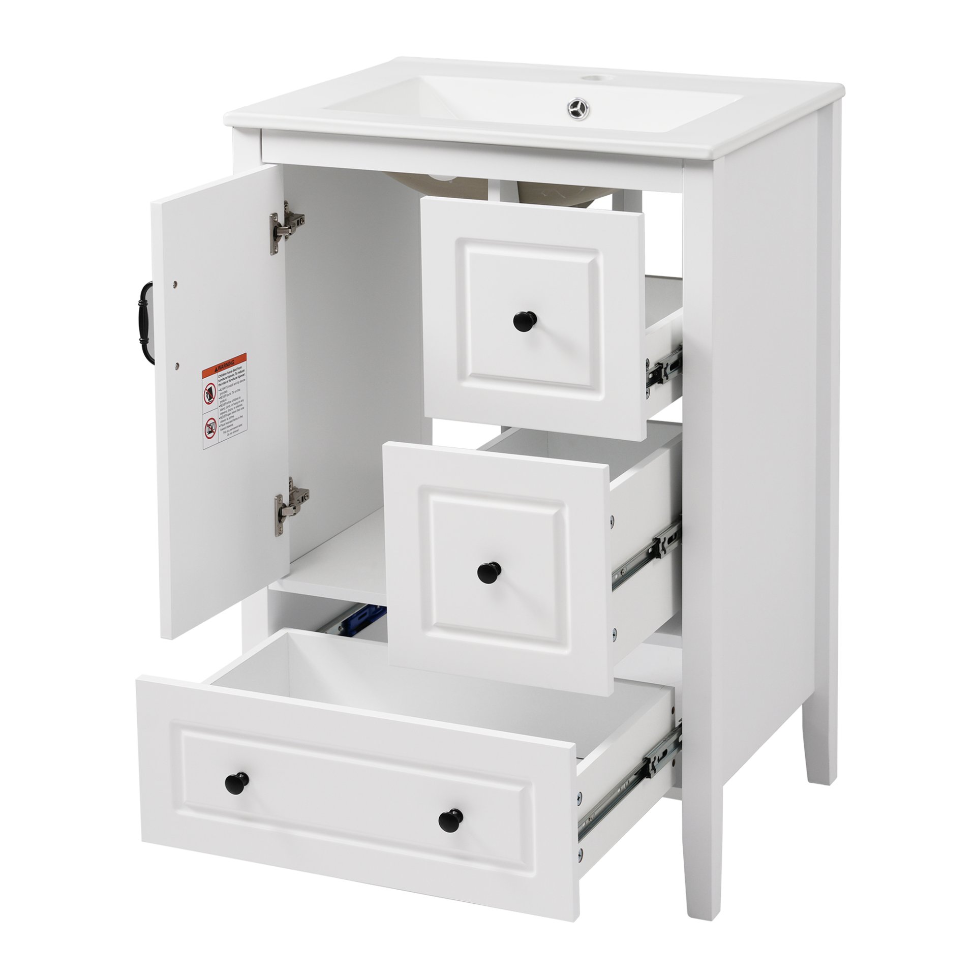 Retro Bathroom Vanity With Sink, Soft Closing Cabinet & Drawers - White - Image 13
