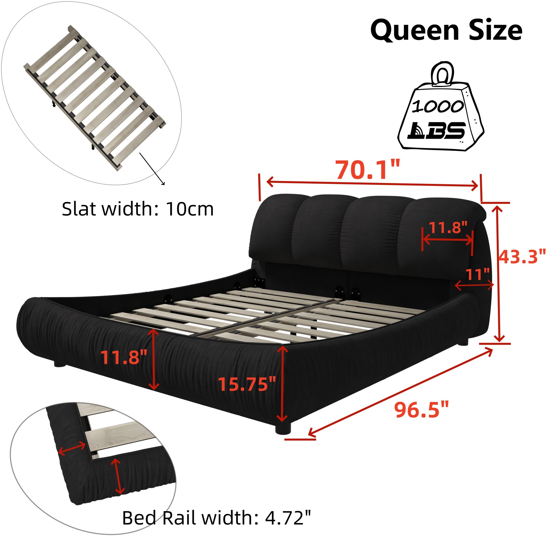 Queen Size Luxury Upholstered Platform Bed With Oversized Padded Backrest And Solid Wood Frame, Suitable For Multiple Heights Of Mattresses - Black - Image 3