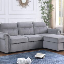 Ashton - Velvet Fabric Reversible Sleeper Sectional Sofa Chaise - Gray
