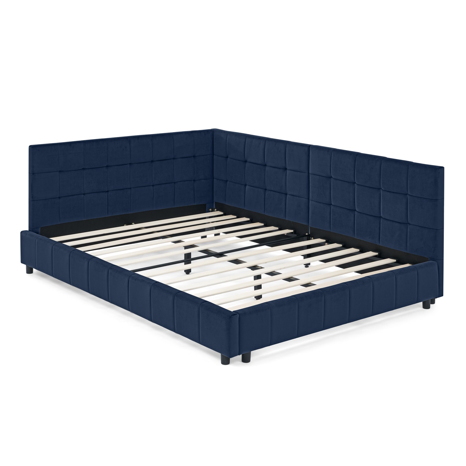 Mid Century Velvet Full Size Upholstered Tufted Bed Frame With Comfortable Backrest And Armrests - Dark Blue - Image 11