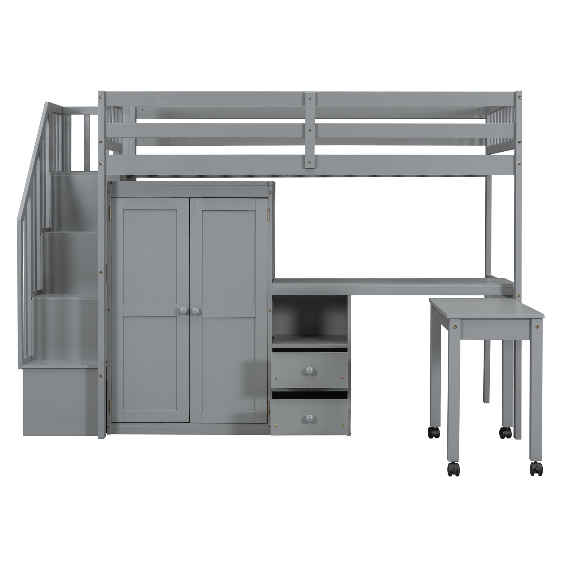 Twin Size Loft Bed With Stairs, Bookshelf, Drawers, Desk & Wardrobe, Space Saving Multifunctional Furniture - Gray - Image 19