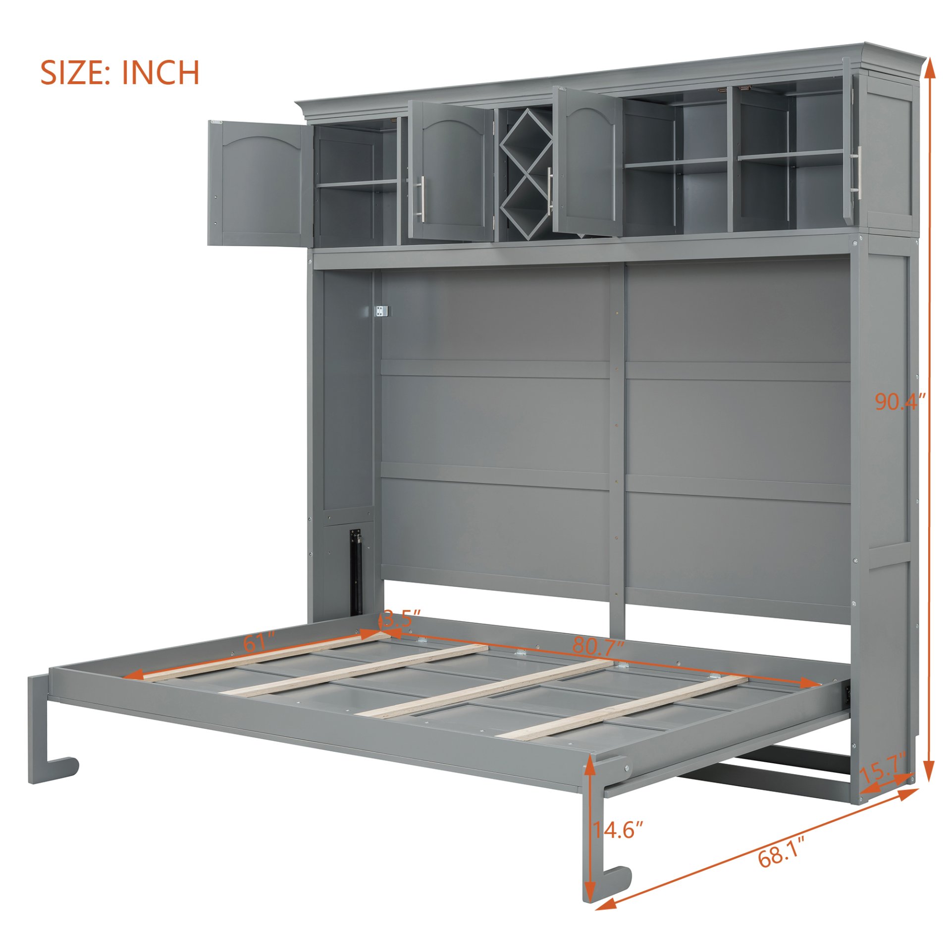 Queen Size Murphy Wall Bed With Top Cabinets & Wine Rack - Gray - Image 5