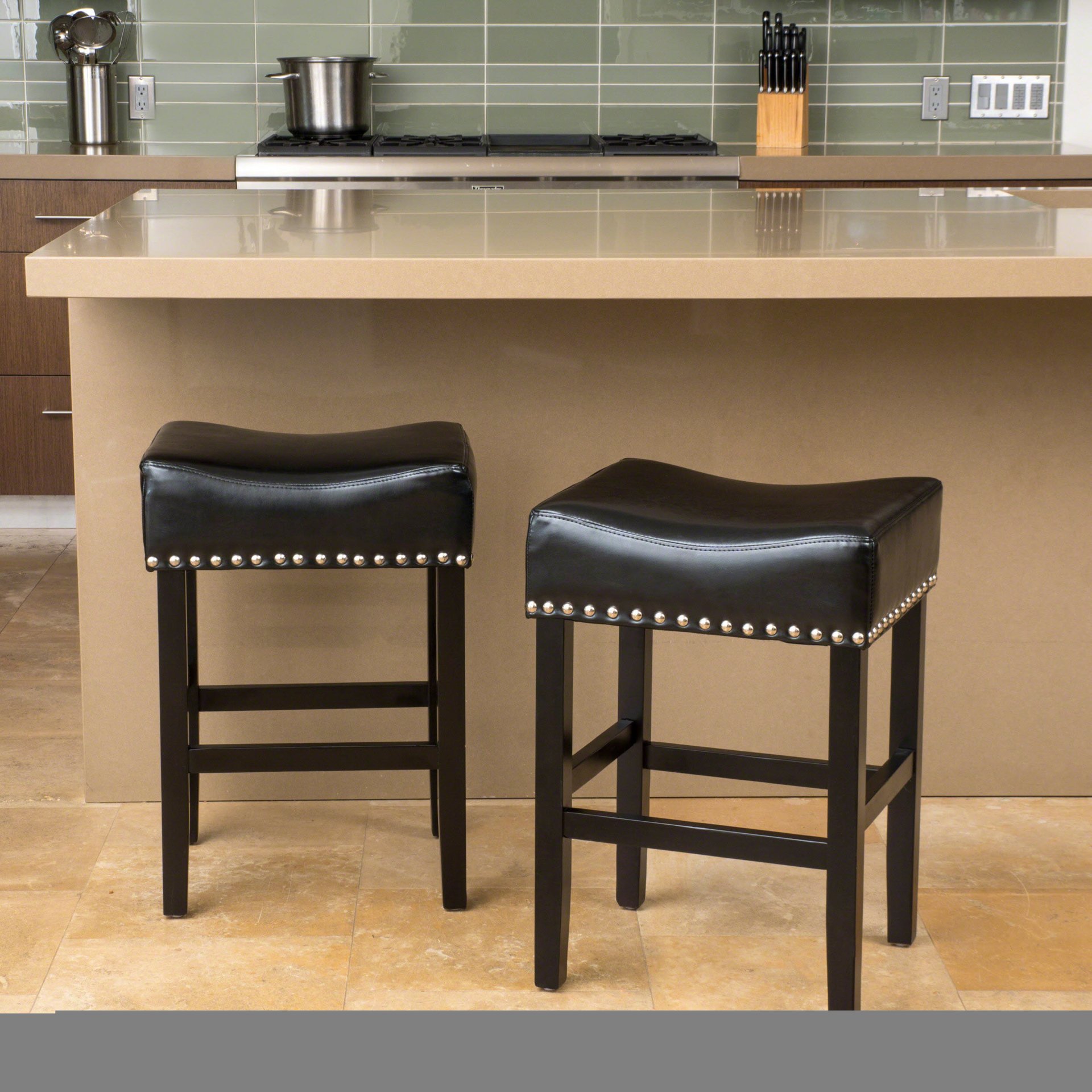 Soltique - Backless Dining Counter Stool With Leather Upholstered And Nailhead Trim (Set of 2) - Black - Image 2