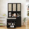 Kitchen Pantry Storage Cabinet, Modern Buffet Cabinet With Kitchen Cart, Tall Kitchen Hutch Cabinet With Microwave Stand, Food Pantry Cabinet With 3 Rattan Doors And Adjustable Shelves - Black - Image 2