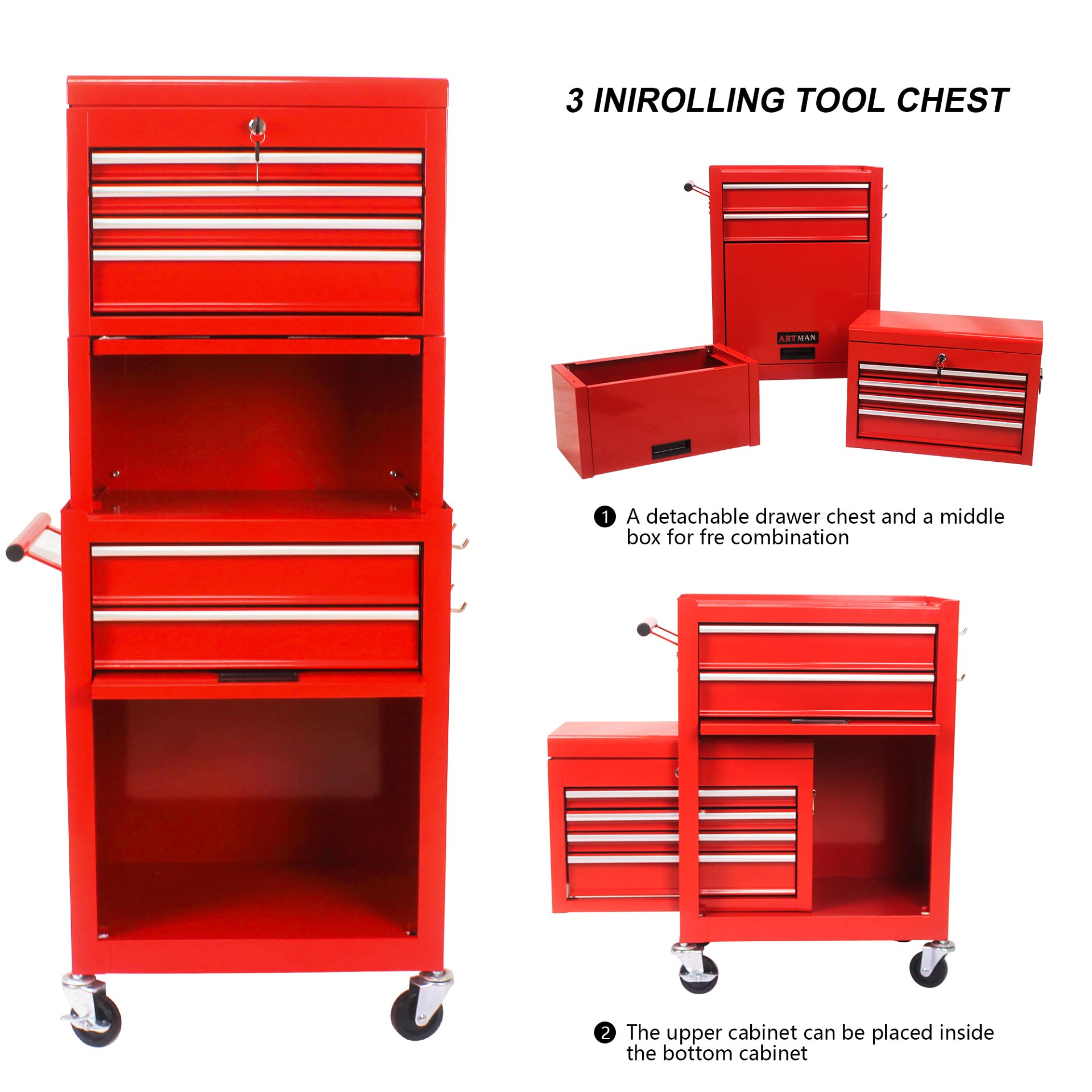 6 Drawer Lockable Tool Cabinet On Wheels Steel Rolling Tool Chest With Detachable Toolbox, 2 In 1 Garage Workshop Storage Organizer With 4 Universal Casters - Red - Image 8