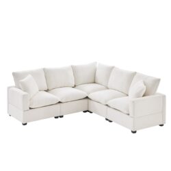 Modern L Shape Modular Sofa, 5 Seat Chenille Sectional Couch Set With 2 Pillows Included, Freely Combinable Indoor Funiture - White