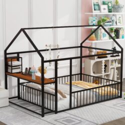 Full Size Bed House Frame With Desk, Shelves, Power Outlets And USB Ports - Black