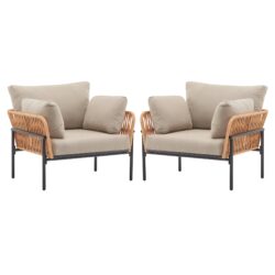 Lounge Chairs With Cushions / Wood Tone Rope Accents, Iron And Rattan (Set of 2) - Beige / Natural