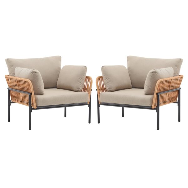 Lounge Chairs With Cushions / Wood Tone Rope Accents, Iron And Rattan (Set of 2) - Beige / Natural