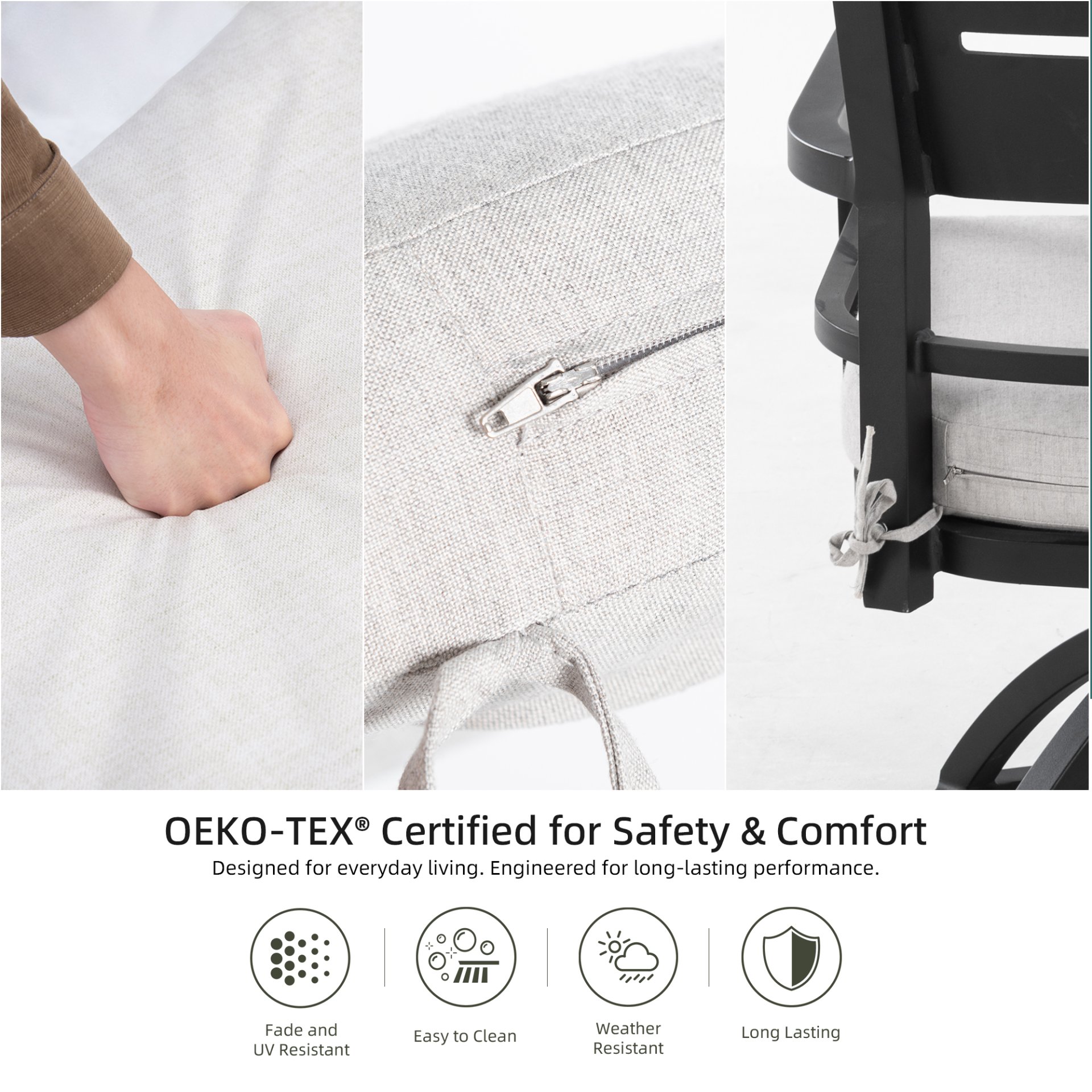 5 Piece Outdoor Patio Furniture, Modern Dining Set, 4 Swivel Chairs Rockers Sunbrella Fabric And Square Dining Table With Umbrella Hole - Ember Black - Image 10