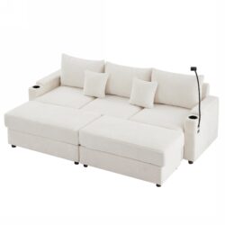 Modern Style 3 Seater Sofa Sectional Sofa Couch With Storage Space, Two Movable Ottomans, Two USB Ports, Two Cup Holders, A Phone Holder For Living Room - Beige