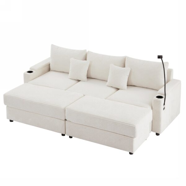 Modern Style 3 Seater Sofa Sectional Sofa Couch With Storage Space, Two Movable Ottomans, Two USB Ports, Two Cup Holders, A Phone Holder For Living Room - Beige
