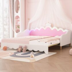 Twin Extending Daybed With LED Lights, Modern Upholstered Princess Daybed With Crown Headboard - White