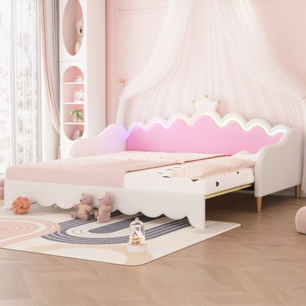 Twin Extending Daybed With LED Lights, Modern Upholstered Princess Daybed With Crown Headboard - White