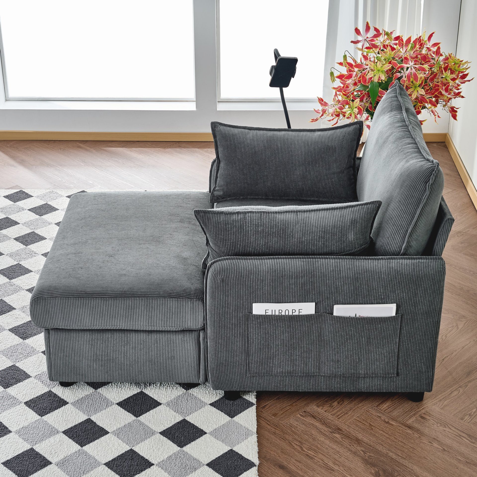 Comfy Corduroy Oversized Chaise Lounge Chair With Ottoman And Storage - Gray - Image 6