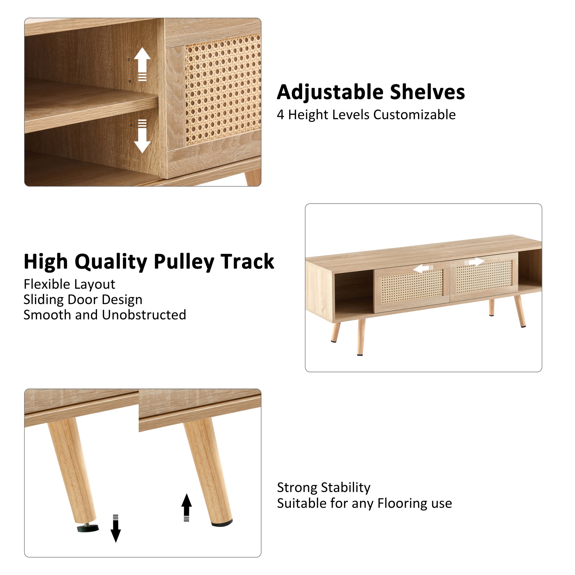 55.12" Rattan TV Cabinet, Double Sliding Doors For Storage, Adjustable Shelf, Solid Wood Legs, TV Console For Living Room - Natural - Image 11