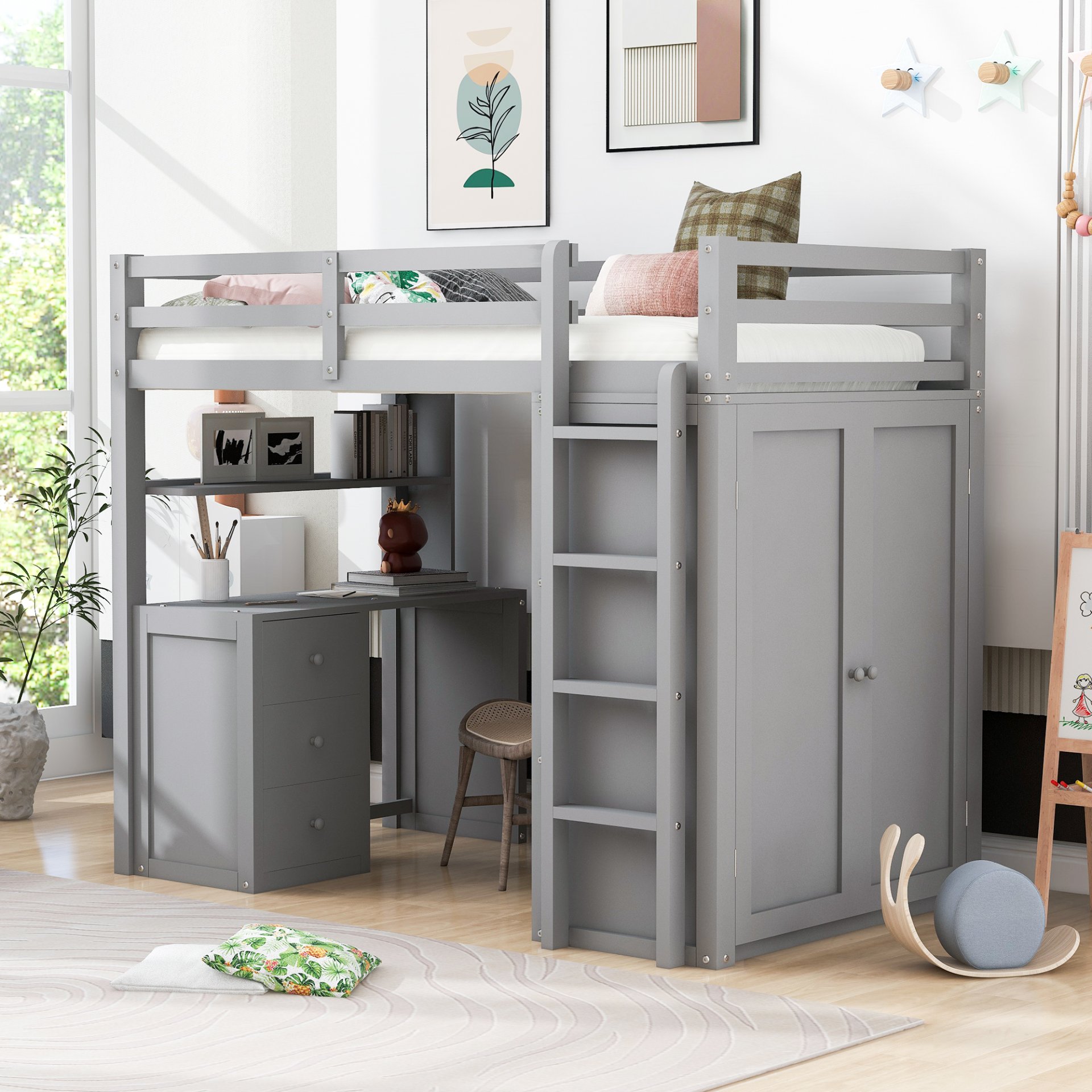 Twin Size Loft Bed With Drawers, Desk, And Wardrobe - Gray - Image 2