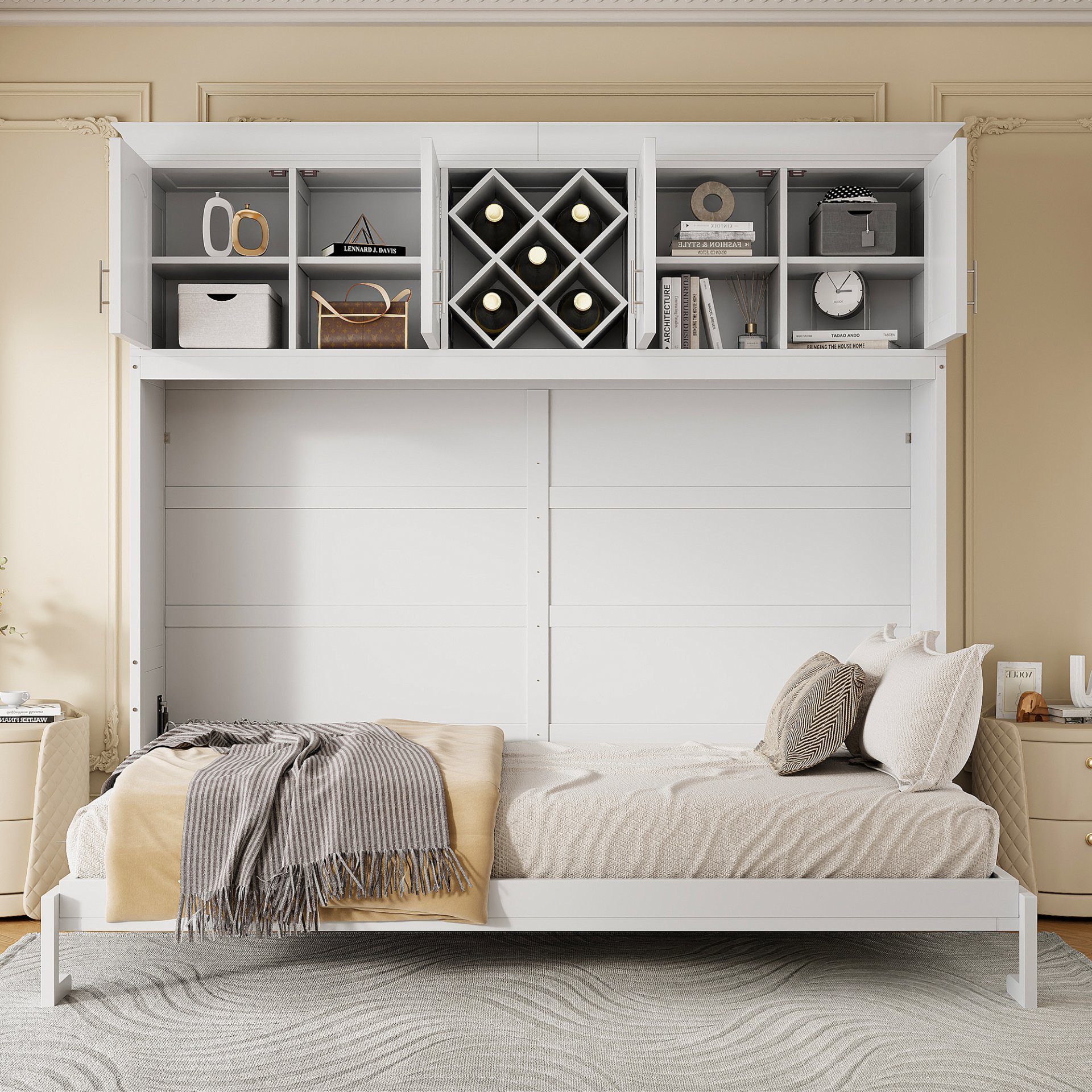 Queen Size Murphy Wall Bed With Top Cabinets & Wine Rack - White - Image 2