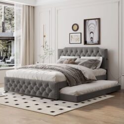 Queen Size Upholstered Platform Bed With Twin Size Trundle And 2 Sets Of USB Ports On Each Side - Gray