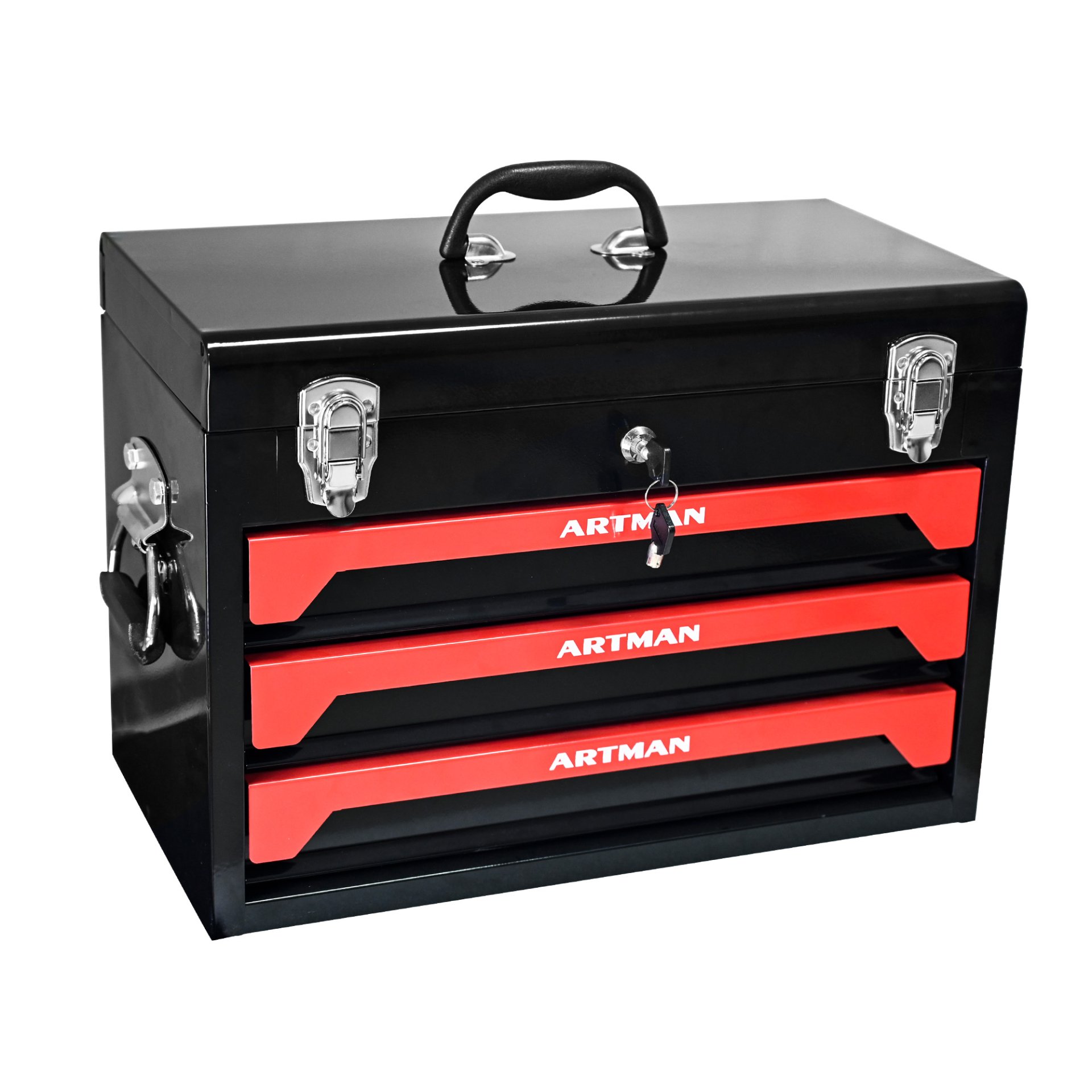 Portable 20" Steel Tool Box With 3 Drawers And Metal Latch Closure - Black / Red - Image 5