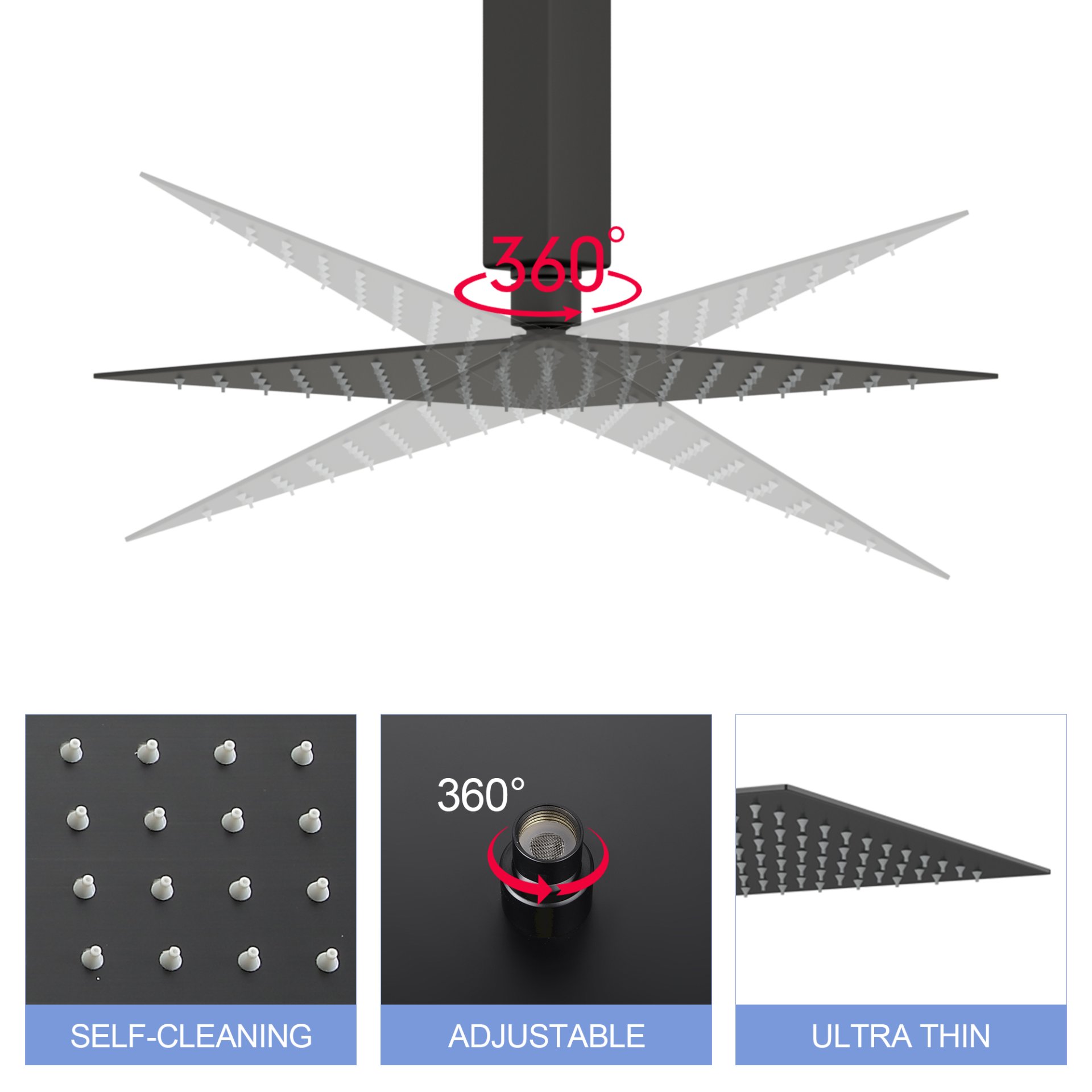8" Square Rain Shower Head, Ceiling / Wall Mount Stainless Steel Bath Fixture - Matte Black - Image 8