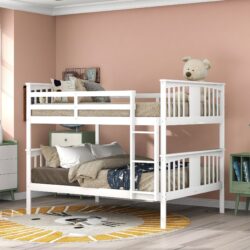 Full Over Full Bunk Bed With Ladder For Bedroom, Guest Room Furniture - White