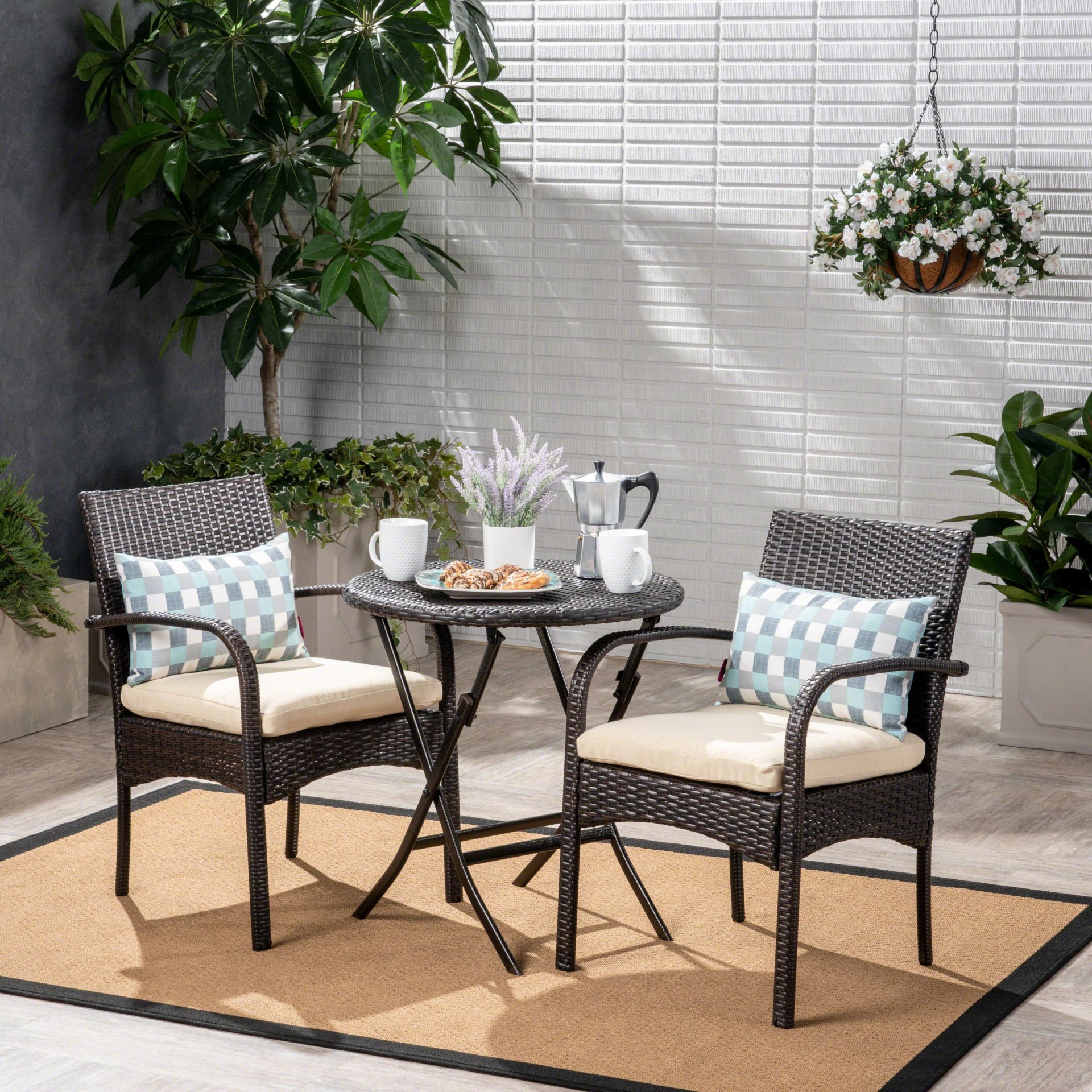 Outdoor Wicker Bistro Set With 2 Chairs - Brown Multi - Image 8